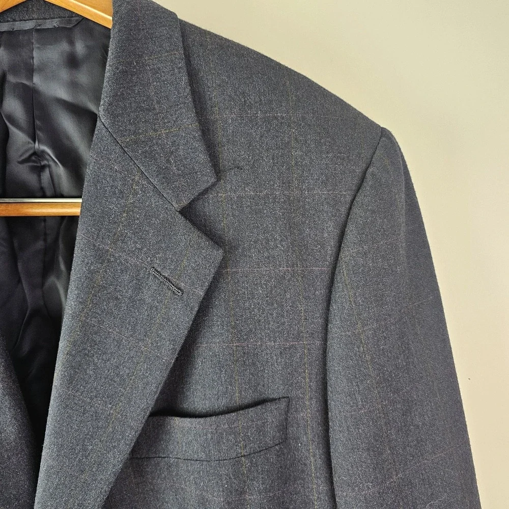 Hickey Freeman Men's Bespoke 100% Wool Blazer Navy‎ Blue Windowpane Plaid 46L